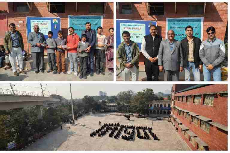 नई दिल्ली के हरकेश नगर स्थित राजकीय बाल वरिष्ठ माध्यमिक विद्यालय में निपुण संकल्प कार्यक्रम के दौरान पुरस्कार प्राप्त करते विद्यार्थी और निपुण मानव श्रृंखला बनाते छात्र