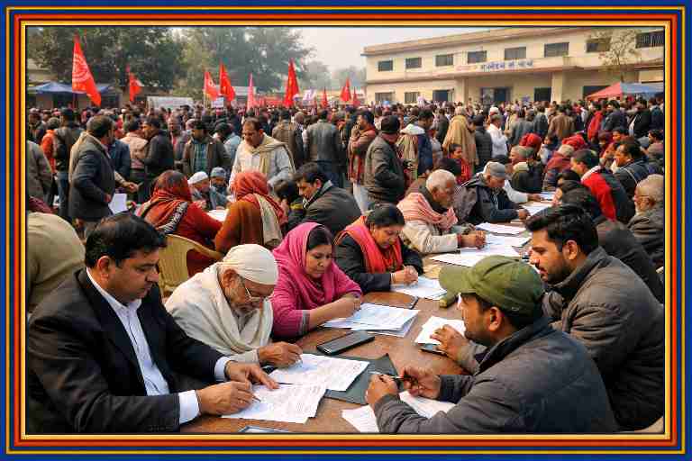 सलेमपुर तहसील परिसर में यूजीसी रेगुलेशन 2026 विरोध के तहत आम नागरिक और अधिवक्ता मांगपत्र भरते हुए