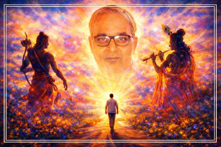 राम और कृष्ण के प्रतीकों के बीच प्रकाश की ओर बढ़ता मनुष्य, जीवनमय होने की वैचारिक यात्रा को दर्शाती कलात्मक पेंटिंग