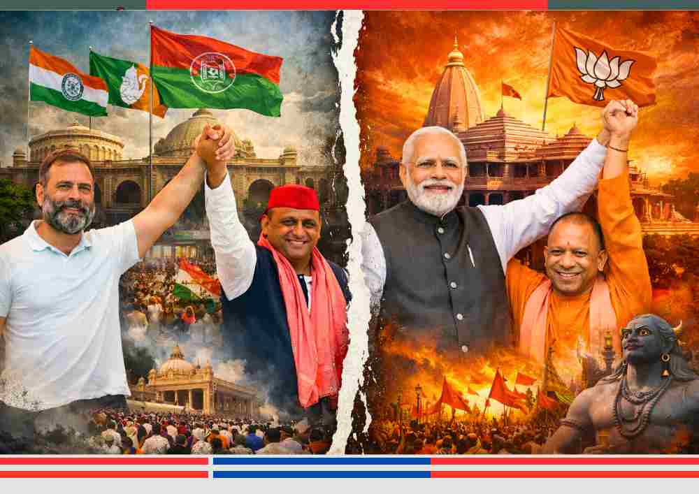 उत्तर प्रदेश की राजनीति में सपा–कांग्रेस और भाजपा के बीच रणनीतिक टकराव दर्शाता कोलाज, योगी आदित्यनाथ और नरेंद्र मोदी बनाम विपक्ष