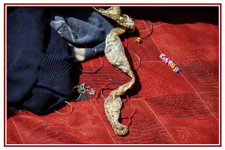 बिस्तर पर कपड़ों के बीच रखी सांप की केंचुली, जिससे युवती के नागिन बनने की अफवाह फैली