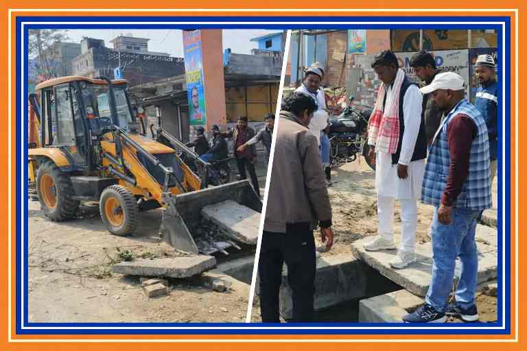 देवरिया के तरकुलवा नगर पंचायत वार्ड 13 में ब्लॉक गेट के सामने खुली नाली पर शिलापट लगाते नगर पंचायत कर्मी और जनप्रतिनिधि