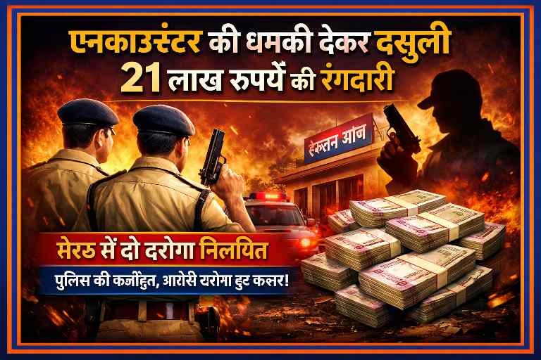 मेरठ में एनकाउंटर की धमकी देकर 21 लाख रुपये की रंगदारी वसूलने के आरोप में दो दरोगा निलंबित, पुलिस कार्रवाई का प्रतीकात्मक दृश्य