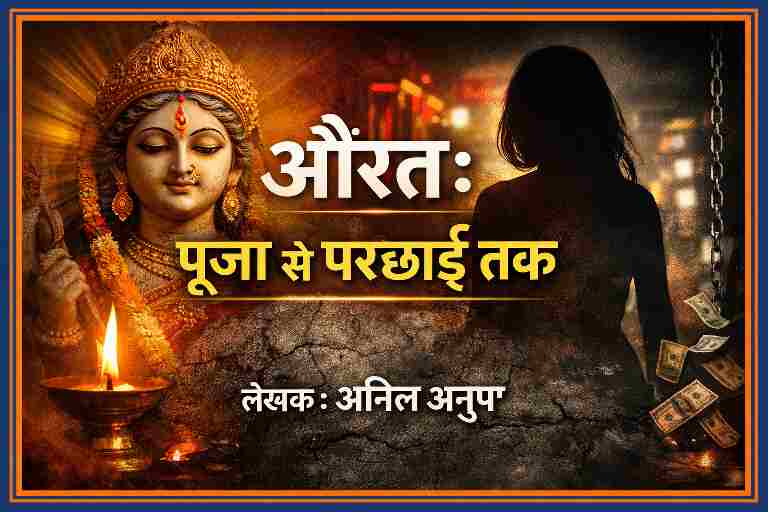 औरत पूजा से परछाईं तक पुस्तक की फीचर इमेज जिसमें देवी और स्त्री की परछाईं के माध्यम से सामाजिक नैतिकता का प्रतीकात्मक चित्रण