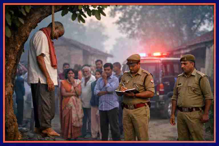 लार थाना क्षेत्र के डुमरी गांव में दरवाजे पर स्थित पेड़ से लटका वृद्ध का शव, मौके पर जांच करती पुलिस