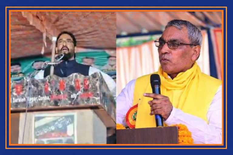 मंच से संबोधित करते शौकत अली और माइक्रोफोन के साथ बोलते ओपी राजभर की संयुक्त तस्वीर, जनसंख्या वाले बयान पर सियासी विवाद