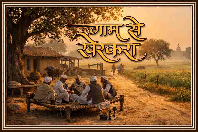 रोहतक जिले के खरकरा गाँव की सुबह का दृश्य, चौपाल पर बैठे बुजुर्ग, खेतों की पगडंडी और सुनहरी धूप में “गाम सै खरकरा” टेक्स्ट ओवरले