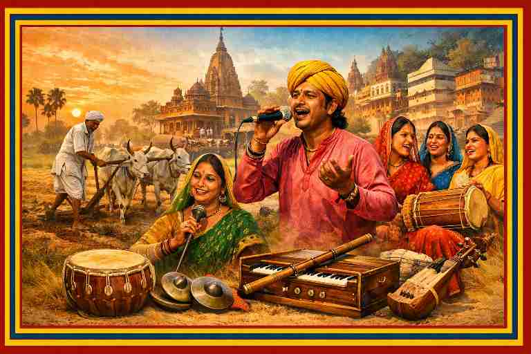 पूर्वांचल उत्तर प्रदेश का ग्रामीण लोकसंगीत दर्शाती फीचर इमेज, जिसमें किसान, बिरहा गायक, कजरी गाती महिलाएँ और पारंपरिक वाद्ययंत्र ढोलक, हारमोनियम व बांसुरी दिख रहे हैं