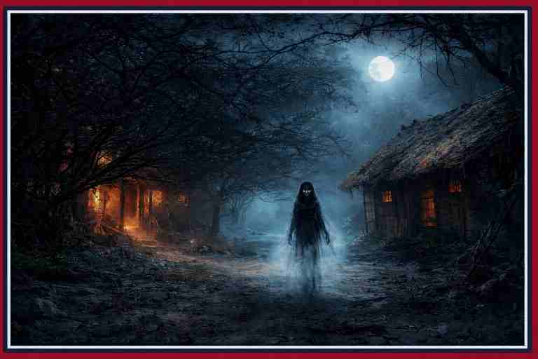 रात के समय धुंध में डूबा ग्रामीण दृश्य, कच्ची पगडंडी, मिट्टी के घर और रहस्यमयी माहौल – चकवा गाँव की रहस्यमयी छवि को दर्शाता सांकेतिक चित्र