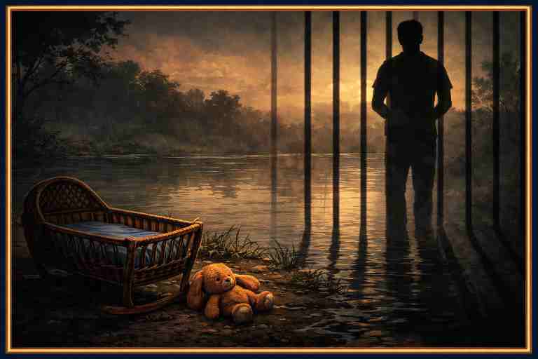 तालाब किनारे रखी खाली झूला-पालना और टेडी बियर का सांकेतिक दृश्य, पृष्ठभूमि में धुंधला खड़ा व्यक्ति और जेल की सलाखों की परछाईं, पारिवारिक त्रासदी को दर्शाता हुआ।