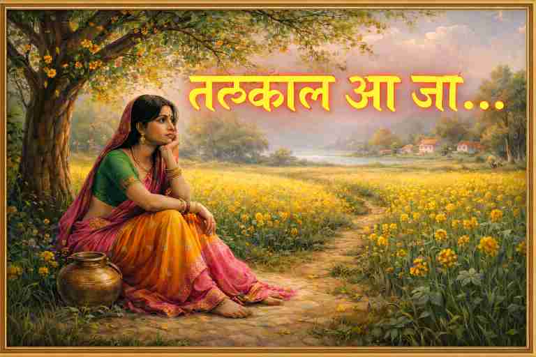 सरसों के पीले खेत में पेड़ के नीचे बैठी विरहिणी स्त्री, पृष्ठभूमि में पहाड़ और झील, ऊपर बड़े अक्षरों में लिखा “तत्काल आ जा…”