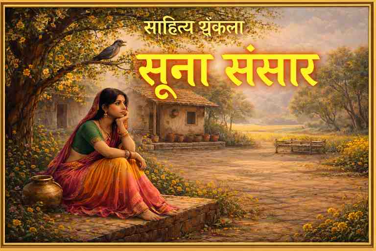 बसंत के ग्रामीण परिवेश में पेड़ के नीचे बैठी विरहिणी स्त्री, पृष्ठभूमि में गाँव और सरसों के खेत, ऊपर बड़े अक्षरों में लिखा “साहित्य श्रृंखला” और “सूना संसार”।