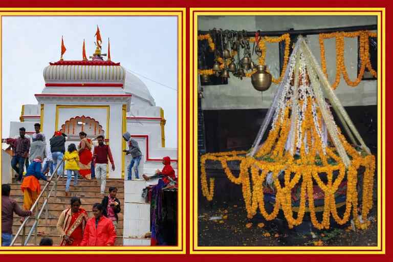 सोहगरा धाम में स्थित बाबा हंस नाथ मंदिर की सीढ़ियों पर श्रद्धालु चढ़ते हुए तथा मंदिर के अंदर फूलों से सजे शिवलिंग का दृश्य