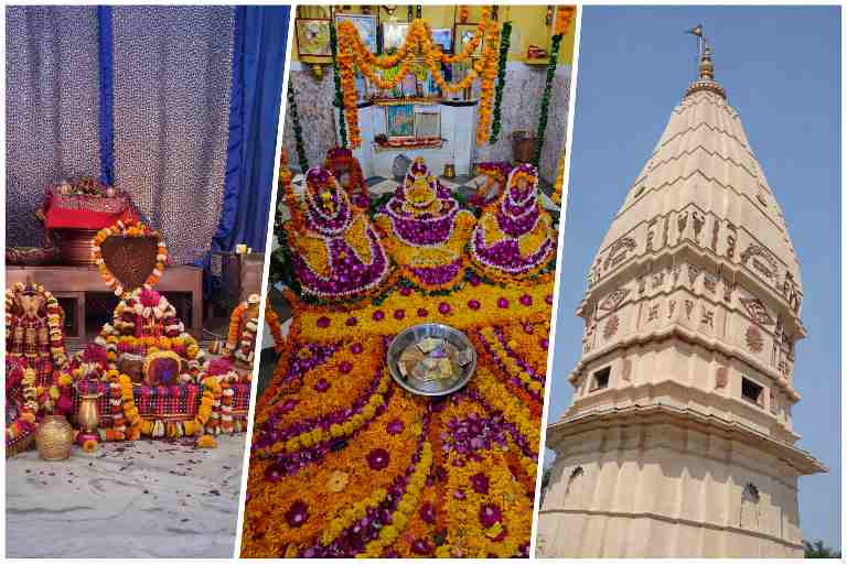 महाशिवरात्रि के अवसर पर फूलों से सजे शिवलिंग, पूजा सामग्री और मंदिर के ऊँचे शिखर का लैंडस्केप कोलाज दृश्य