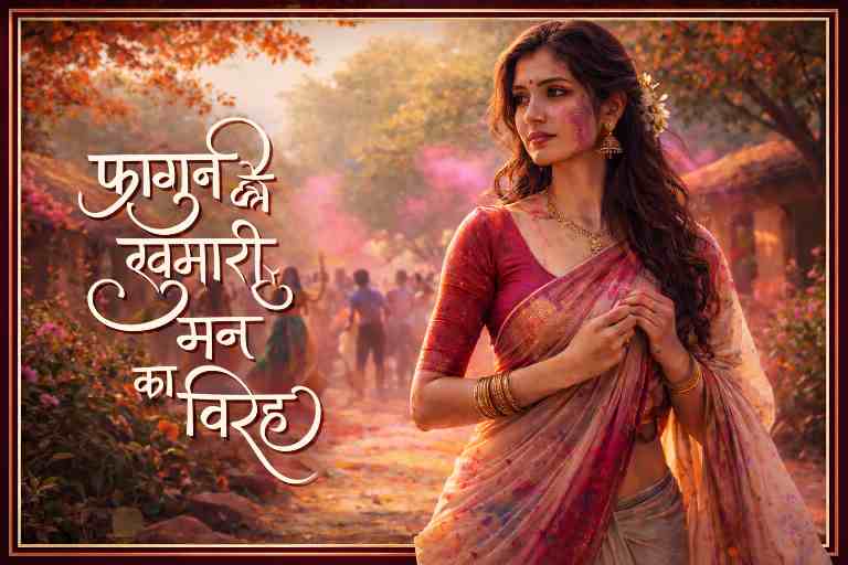 होली उत्सव की पृष्ठभूमि में विरह भाव लिए खड़ी ग्रामीण युवती, चित्र पर बोल्ड देवनागरी में लिखा “फागुन की खुमारी, मन का विरह”