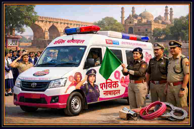 जौनपुर में शक्ति मोबाइल टीम की महिला पुलिस अधिकारी हरी झंडी दिखाते हुए, नारी सुरक्षा वैन और ऐतिहासिक पृष्ठभूमि के साथ