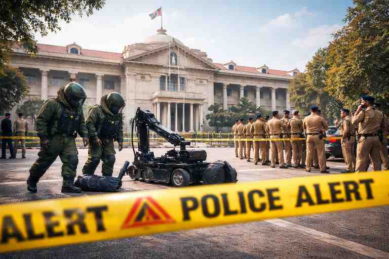 जौनपुर न्यायालय जैसे दिखने वाले भवन के बाहर पुलिस और बम निरोधक दस्ता जांच करते हुए, सामने पुलिस अलर्ट टेप लगा हुआ