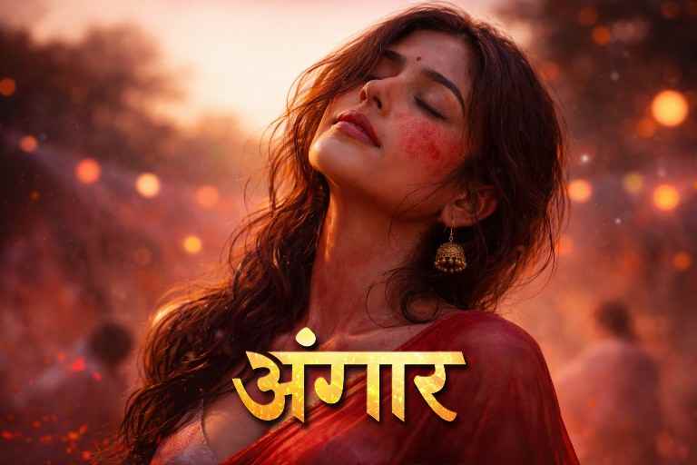 होली की सांझ में लालिमा लिए शांत चेहरे वाली युवती, गालों पर हल्की लाली और पृष्ठभूमि में धुँधली चाँदनी, प्रतीकात्मक “अंगार” टेक्स्ट ओवरले के साथ