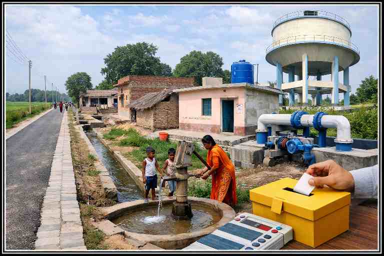 गोंडा जिले की दुलहापुर बनकट ग्राम पंचायत में सड़क, हैंडपंप, जल टंकी और मतदान बॉक्स के साथ ग्रामीण विकास और चुनावी माहौल का प्रतीकात्मक दृश्य