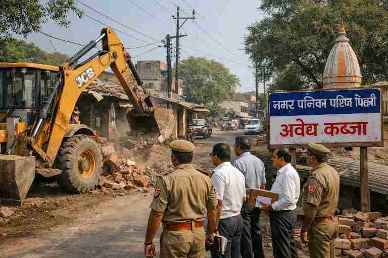रामलीला मैदान मार्ग पिहानी में नगरपालिका की टीम द्वारा जेसीबी से अवैध निर्माण हटाते हुए, पुलिस और प्रशासनिक अधिकारी मौके पर मौजूद