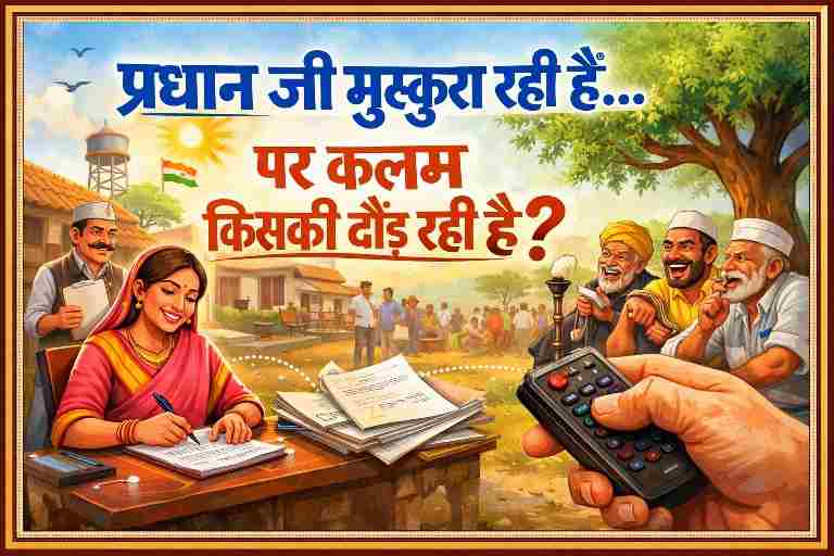 ग्राम पंचायत की महिला प्रधान कागज़ पर हस्ताक्षर करती हुईं, पृष्ठभूमि में ग्रामीण माहौल और संकेतात्मक व्यंग्य दृश्य