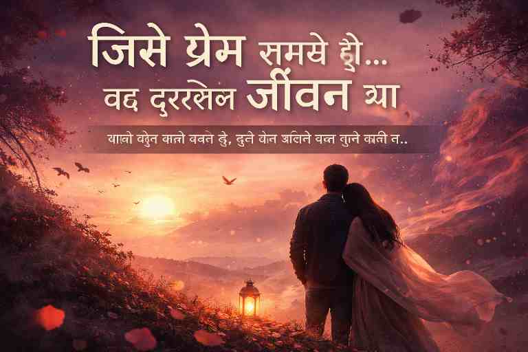 सूर्यास्त की पृष्ठभूमि में साथ खड़ा प्रेमी युगल, प्रेम से जीवन-दर्शन तक की भावनात्मक यात्रा को दर्शाती प्रतीकात्मक छवि