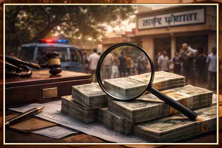 बन्थरा नगर पंचायत भ्रष्टाचार मामले का प्रतीकात्मक दृश्य, दस्तावेज़ों पर रखी नकदी और जांच को दर्शाता मैग्नीफाइंग ग्लास