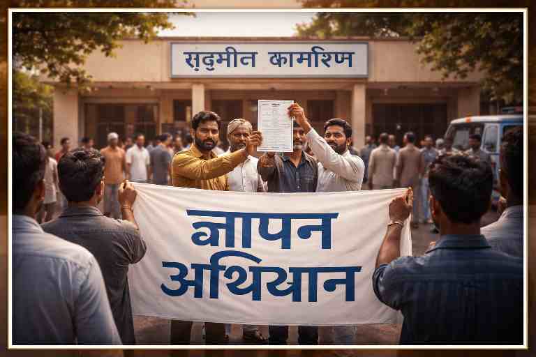 तहसील कार्यालय के बाहर ज्ञापन अभियान के दौरान बैनर पकड़े लोग, प्रधानमंत्री के नाम मांग पत्र प्रस्तुत करते हुए