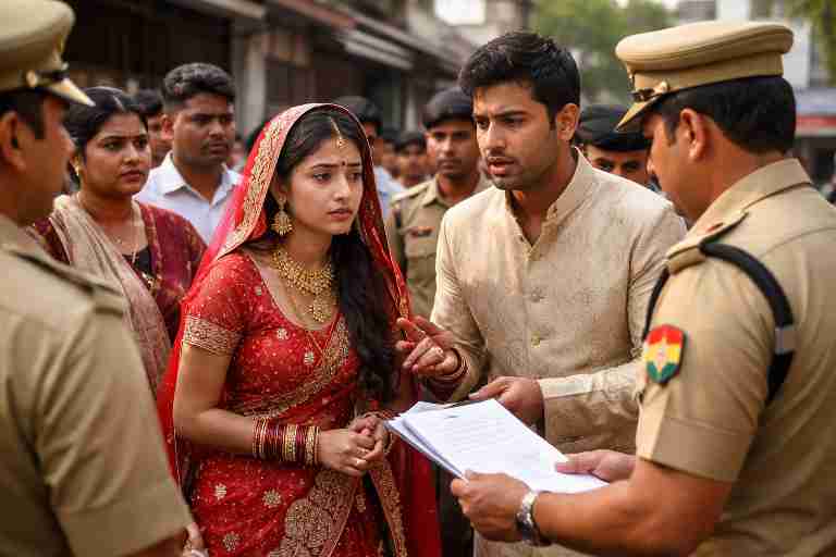 पुलिस स्टेशन के बाहर खड़े नवविवाहित दंपती का प्रतीकात्मक दृश्य, अधिकारी दस्तावेज़ देखते हुए