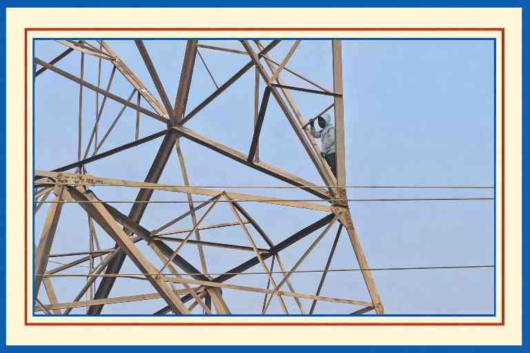 हाईटेंशन बिजली टावर पर चढ़ा युवक, नीचे मौजूद लोग और पुलिस की मौजूदगी का सांकेतिक दृश्य