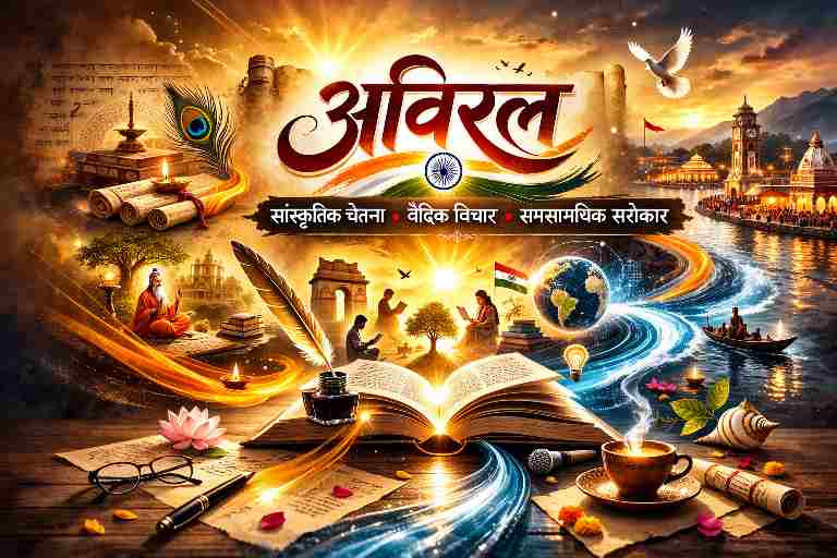 सांस्कृतिक और वैदिक प्रतीकों के साथ ‘अविरल’ शीर्षक वाली पत्रिका का लैंडस्केप बैनर डिज़ाइन