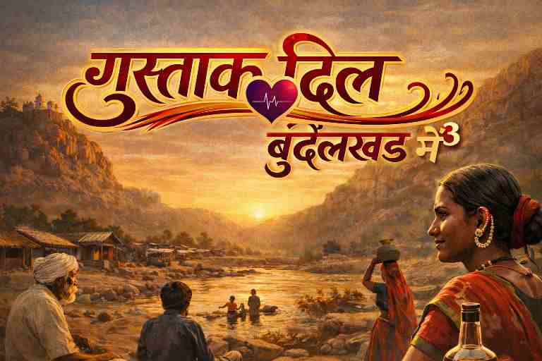 बुंदेलखंड के चित्रकूट की पहाड़ियों और नदी के दृश्य पर “गुस्ताख दिल बुंदेलखंड में 3” टेक्स्ट ओवरले के साथ लैंडस्केप शैली की फीचर इमेज