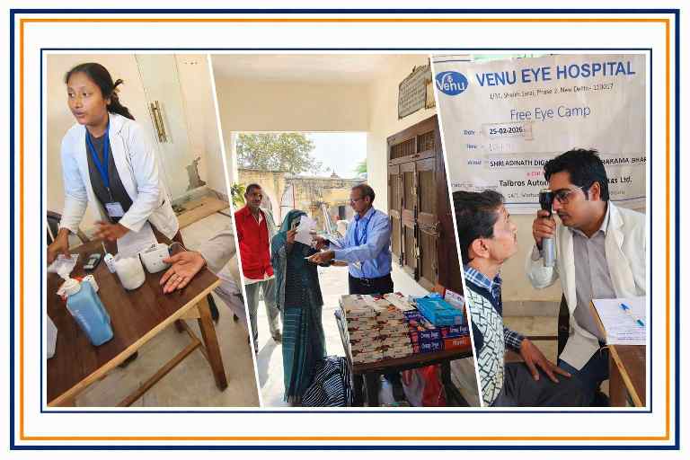 कामां स्थित आदिनाथ दिगंबर जैन मंदिर में आयोजित 63वें नेत्र शिविर के दौरान विशेषज्ञ चिकित्सकों द्वारा जांच और जरूरतमंदों को दवाइयों का वितरण।