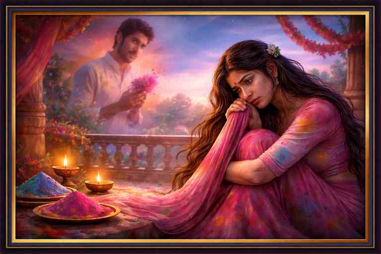 होली की संध्या में रंगों से भीगी विरहन बालकनी में बैठी है, पीछे खड़ा युवक गुलाल लिए प्रतीक्षा करता हुआ दिखाई दे रहा है।