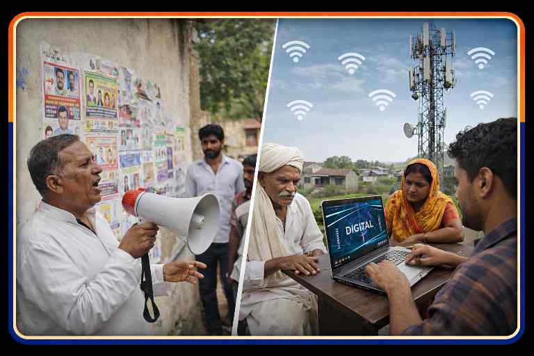 डबल स्टैंडर्ड कलर रुल्ड बॉक्स में लैंडस्केप डिजाइन की गई स्प्लिट इमेज, जिसमें एक ओर गांव में चुनावी पोस्टर और प्रचार करते लोग, दूसरी ओर ग्रामीणों को लैपटॉप व ब्रॉडबैंड के साथ डिजिटल सेवाओं से जुड़ते दिखाया गया है।