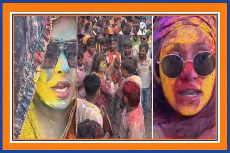 ब्रज क्षेत्र की होली के दौरान रंगों से सनी युवतियों और भीड़ के बीच का दृश्य, डबल स्टैंडर्ड कलर रुल्ड बॉक्स में डिजाइन की गई कोलाज तस्वीर