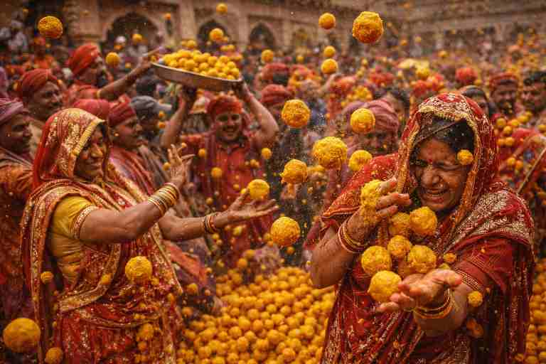 बरसाना में लड्डू मार होली के दौरान महिलाएं और पुरुष एक-दूसरे पर लड्डू उछालते हुए, पारंपरिक परिधान और मंदिर की पृष्ठभूमि में उत्सव का दृश्य