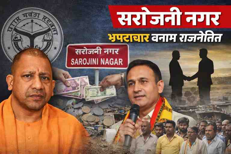 सरोजिनी नगर क्षेत्र से जुड़ी राजनीतिक और भ्रष्टाचार के आरोपों पर आधारित प्रतीकात्मक डिजिटल न्यूज़ कोलाज