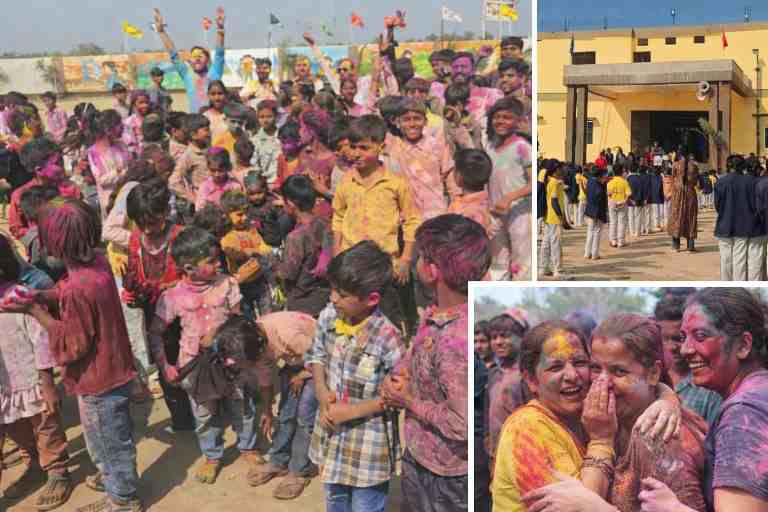 बी डी एस इंटरनेशनल स्कूल जसुई में होली मिलन समारोह के दौरान रंगों में सराबोर बच्चे और विद्यालय परिसर में आयोजित सांस्कृतिक कार्यक्रम का दृश्य