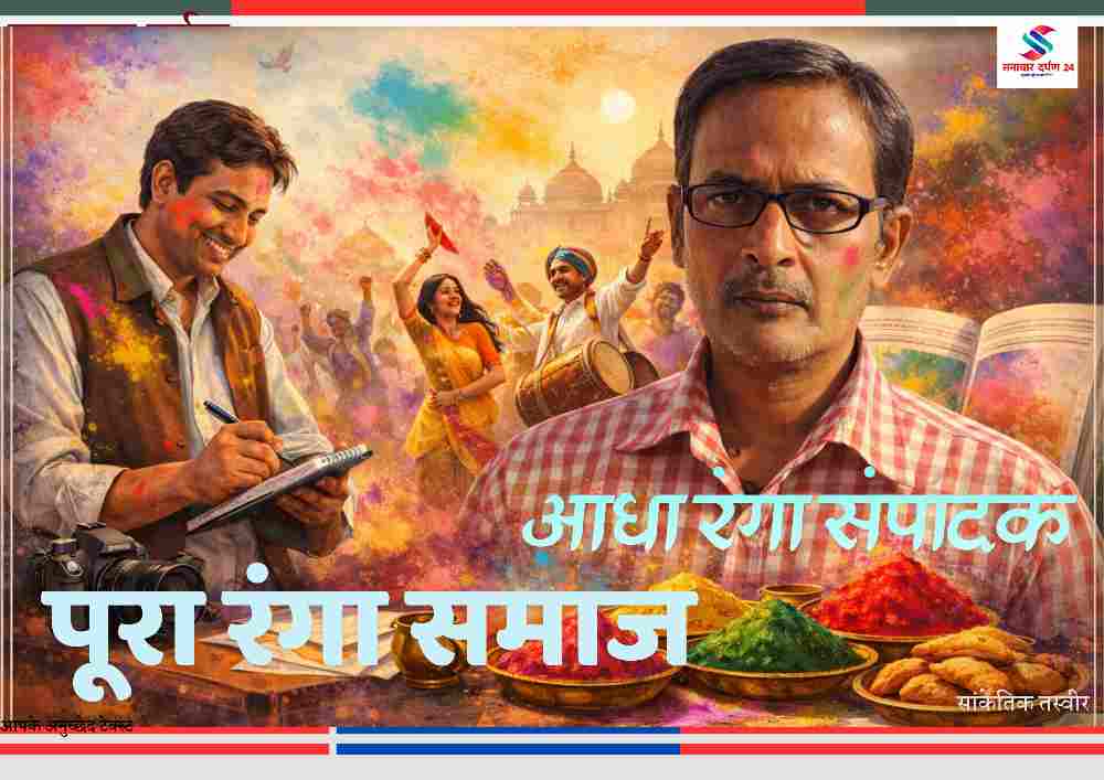 होली के रंगों के बीच खड़ा आधा रंगा संपादक, पीछे नाचता गाता समाज और सामने रखी गुलाल की थालियाँ, ढोल और समाचार पत्र का प्रतीकात्मक दृश्य।