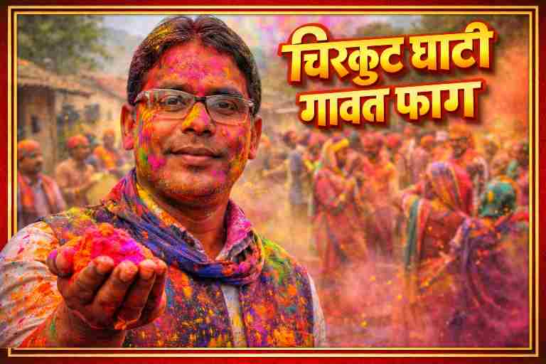 चित्रकूट के पाठा क्षेत्र में होली के अवसर पर रंगों से सराबोर संजय सिंह राणा, पीछे गाँव में फाग गाते और रंग खेलते ग्रामीण