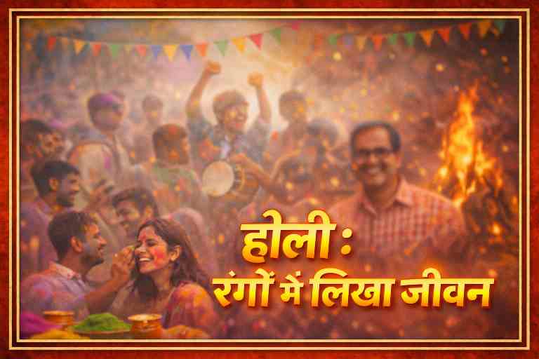 होली उत्सव के रंगों के बीच संपादकीय थीम “होली : रंगों में लिखा जीवन” दर्शाती रंगीन भीड़, ढोल और होलिका की अग्नि