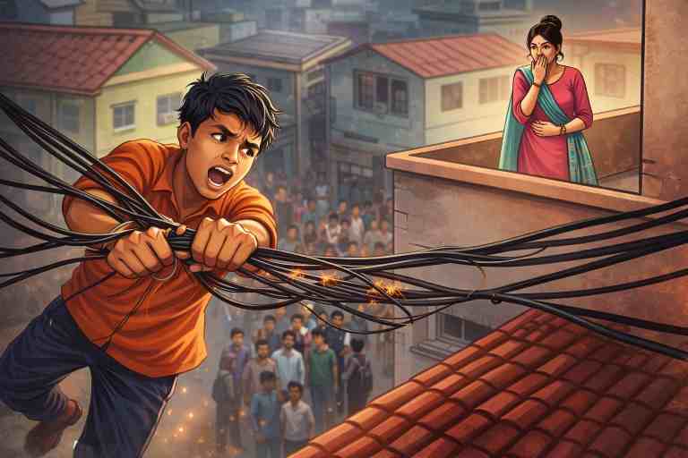 अलीगढ़ में प्रेम प्रसंग के चलते छत से कूदकर बिजली के तारों में फंसा युवक, आसपास खड़े लोग देख रहे