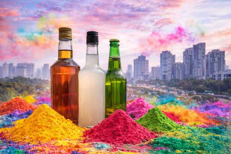 होली के रंगों के बीच रखी शराब की बोतलें, त्योहार के दौरान बढ़ी शराब बिक्री का प्रतीकात्मक दृश्य