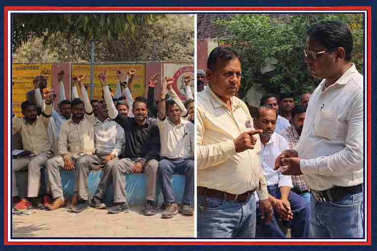 चित्रकूट के सदर ब्लॉक कर्वी में काली पट्टी बांधकर शांतिपूर्ण प्रदर्शन करते मनरेगा कर्मचारी