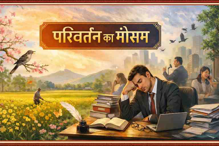 बसंत के खेत, उड़ते पक्षी और शहर में काम में व्यस्त मनुष्य के बीच “परिवर्तन का मौसम” शीर्षक दर्शाती संपादकीय फीचर इमेज