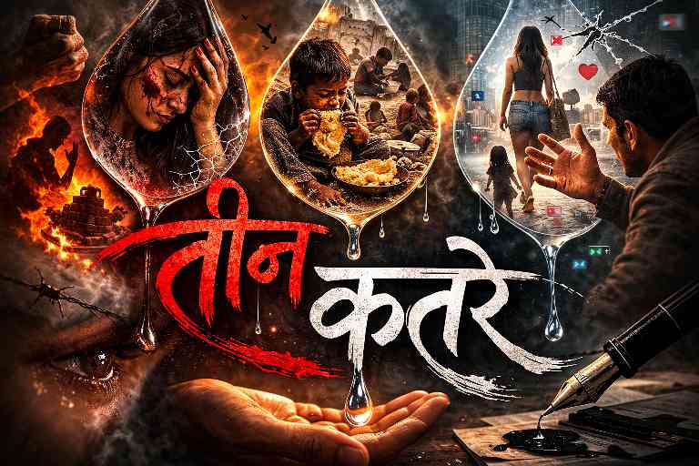 तीन कतरे आँसू के प्रतीकात्मक चित्र में महिला हिंसा, भूख और सामाजिक संवेदनहीनता को दर्शाता संपादकीय चित्र