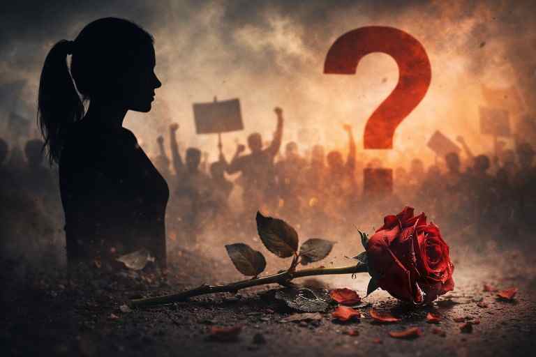 महिला दिवस के प्रतीक के रूप में टूटा गुलाब, महिला की परछाई और विरोध करती भीड़ के बीच बड़ा सवाल उठाता दृश्य