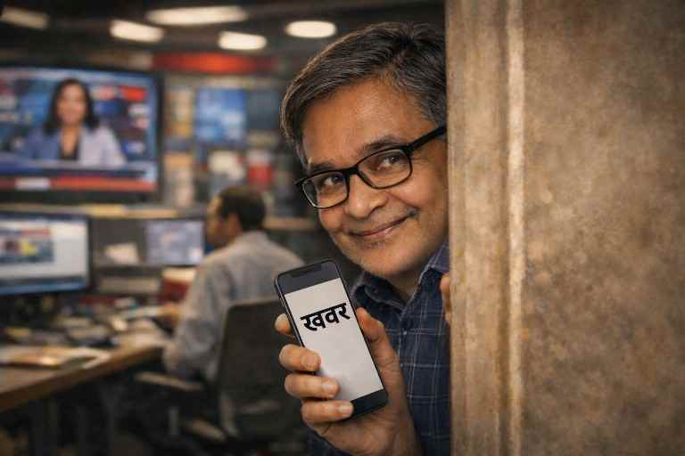 न्यूज़ रूम में मुस्कुराते हुए झांकते हुए संपादक, हाथ में मोबाइल फोन लिए