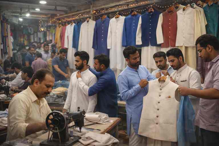 ईद से पहले टेलर की दुकान पर कुर्ते सिलते कारीगर और ग्राहक मोदी कट कुर्ता व नेहरू कोटी देखते हुए